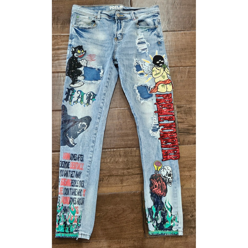 Y2K Distressed Graffiti Print Stretch Skater Mens Graphic Jeans 34x33 Light